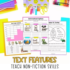 Puede incluir: Una hoja de trabajo imprimible para enseñar características de texto y habilidades de no ficción. La hoja de trabajo incluye un gráfico de barras, un diagrama de Venn y una sección para leyendas informativas. El gráfico de barras muestra la popularidad de diferentes mascotas. El diagrama de Venn compara serpientes y tortugas. La sección de leyendas informativas tiene imágenes de diferentes animales y líneas en blanco para que los estudiantes escriban datos sobre ellos.