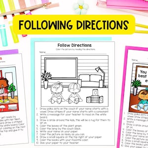 May include: Two black and white coloring pages with instructions to color the picture by following directions. The first page shows two children sitting on a couch in a living room. The second page shows two children sitting on a couch with the text "You are the best teacher ever!" on the wall behind them.