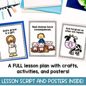 May include: Three colorful posters with black outlines and white text. The first poster says "God's grace is a gift." and features a cartoon image of Jesus. The second poster says "Bad choices have consequences." and features a cartoon image of a pig. The third poster says "God forgives us when we repent." and features a cartoon image of a cow.