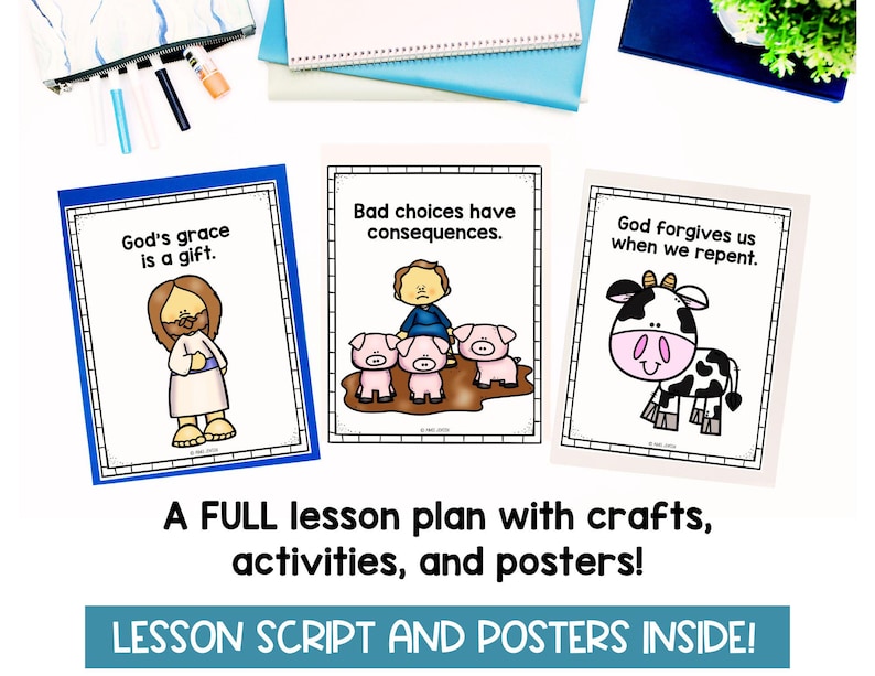 May include: Three colorful posters with black outlines and white text. The first poster says "God's grace is a gift." and features a cartoon image of Jesus. The second poster says "Bad choices have consequences." and features a cartoon image of a pig. The third poster says "God forgives us when we repent." and features a cartoon image of a cow.