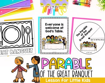 May include: A printable lesson plan for teaching children about the parable of the Great Banquet. The lesson includes a colouring page of a table setting, a card with the text "Everyone is welcome at God's Table." and a spinner with the text "The Parable of the Great Banquet. Spin to tell the story!"