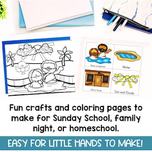 May include: Coloring pages and crafts for Sunday School, family night, or homeschool. The image shows a coloring page with a scene of Jesus being baptized, and other illustrated scenes. The text says "Easy for little hands to make!"
