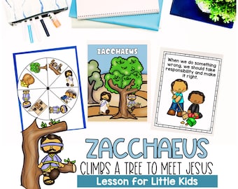 Puede incluir: Una lección imprimible colorida para niños pequeños sobre la historia bíblica de Zaqueo, que se subió a un árbol para ver a Jesús. La lección incluye un juego de ruleta, una imagen de Zaqueo subiendo a un árbol y un recordatorio de que cuando hacemos algo malo, debemos asumir la responsabilidad y hacer lo correcto.