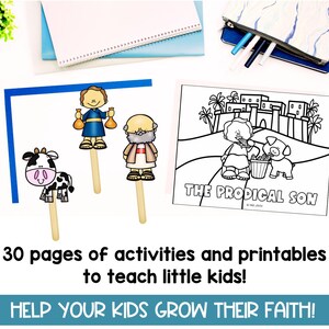 May include: A black and white illustration of the Parable of the Prodigal Son. The illustration includes a pig, a man, and a city. The text "THE PRODICAL SON" is printed below the illustration. The image is part of a set of 30 pages of activities and printables to teach little kids.