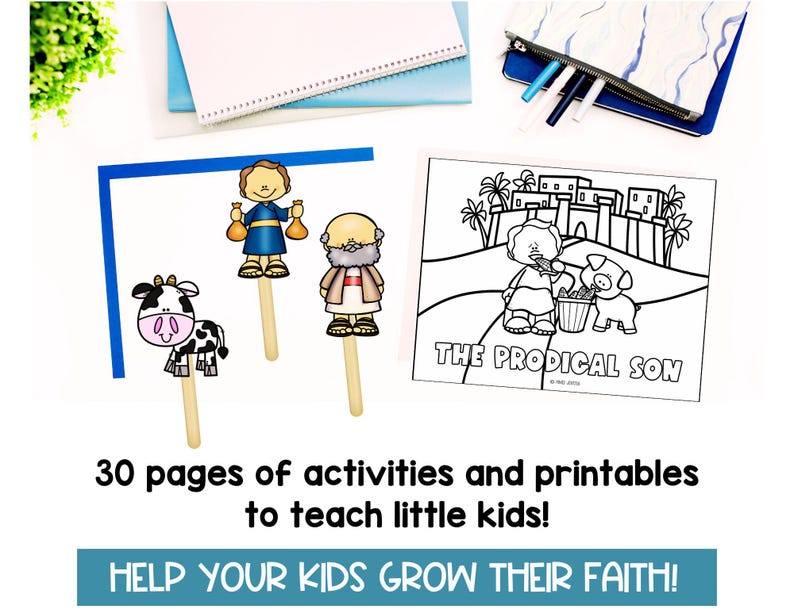 May include: A black and white illustration of the Parable of the Prodigal Son. The illustration includes a pig, a man, and a city. The text "THE PRODICAL SON" is printed below the illustration. The image is part of a set of 30 pages of activities and printables to teach little kids.