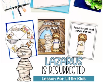 May include: A printable lesson for little kids about the biblical story of Lazarus being resurrected by Jesus. The lesson includes a spinner game, a picture of Jesus and Lazarus, and a card that says "Jesus loves and cares for us."