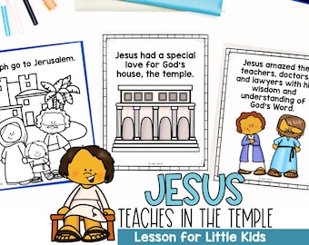 Könnte beinhalten: Schwarzweißillustration einer Lektion für kleine Kinder über Jesus, der im Tempel lehrt. Die Illustrationen zeigen Jesus auf einer Bank sitzend, Jesus im Tempel und Jesus, der mit einem Lehrer und einem Anwalt unterrichtet.