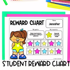May include: A printable student reward chart with a cartoon girl, stars, and the text "REWARD CHART". The chart is designed for a student named Jennifer, whose goal is to raise their hand before speaking or asking a question. The reward for achieving this goal is a special coloring page.