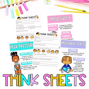 以下が含まれることがあります： 子供向けのカラフルな印刷可能な思考シート。タイトルは「衝動性」、「仲間からのプレッシャー」、「感情的なストレス」など。各シートには漫画のキャラクターと、振り返りや役に立つ考えのためのプロンプトがあります。