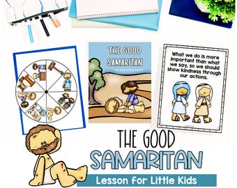 May include: A colorful illustration of the parable of the Good Samaritan. The illustration shows a man lying on the ground injured, a priest and a Levite walking by, and a Samaritan helping the injured man. The text "The Good Samaritan Lesson for Little Kids" is at the bottom of the image.