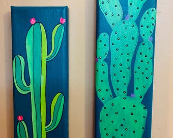Colorful Cactus Hand-painted Acrylic Painting (Set of 2) 3”X9”