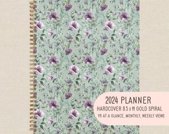 2024 Planner, Farmhouse Cottagecore Floral Custom Planner, Hardcover Gold Spiral 8.5 x 11, 2024 Calendar Monthly Weekly Daily