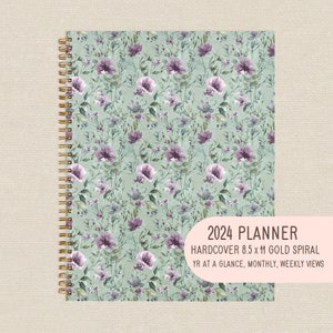 2024 Planner, Farmhouse Cottagecore Floral Custom Planner, Hardcover Gold Spiral 8.5 x 11, 2024 Calendar Monthly Weekly Daily