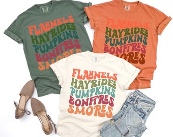 Fall TShirt, Comfort Colors Shirt, Thanksgiving Shirt, Retro Fall Vibes, Fall Outfit, Thanksgiving Outfit, Flannels Hayrides Pumpkins