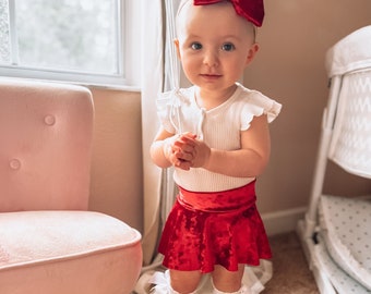 Skirted Baby Bummies, Red Velvet Christmas Skirt for Baby,Matching Dress Bow set,Baby Girl Christmas Dress, Baby girl gift, Christmas Outfit