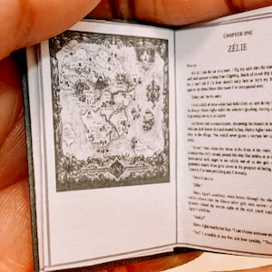 May include: A close-up of an open book with a black and white map on the left page and text on the right page. The text reads "Chapter One Z&eacute;lie".