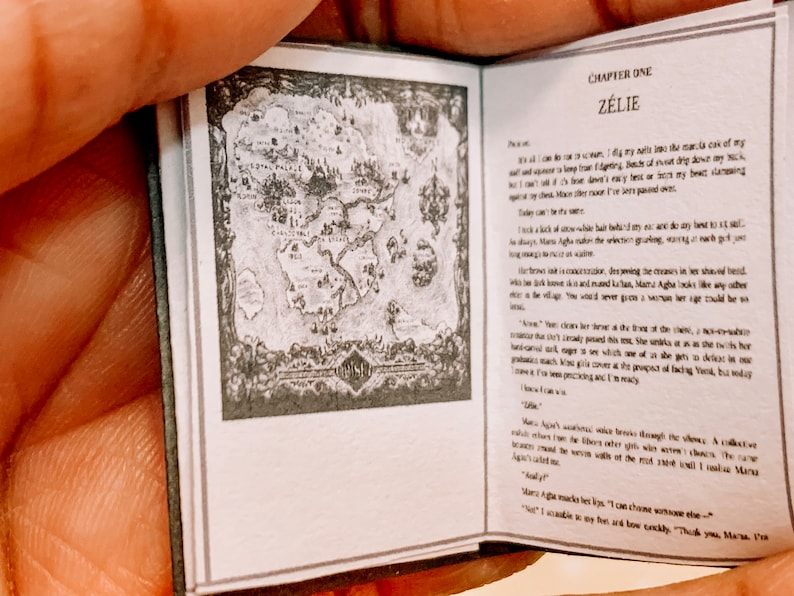 May include: A close-up of an open book with a black and white map on the left page and text on the right page. The text reads "Chapter One Z&eacute;lie".