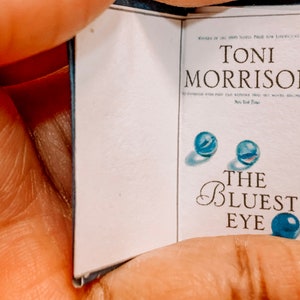May include: A paperback book titled "The Bluest Eye" by Toni Morrison. The book cover features two blue marbles and a third blue marble on the bottom right corner.