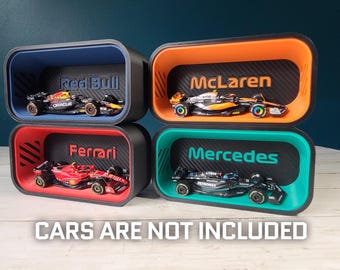 1:43 Formula One Cars Display Case -  for your desk, wall mountable, team names and colors, carbon fiber look -  CARS NOT INCLUDED
