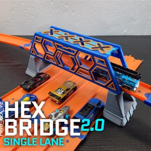 Hot Wheels Track Compatible Hex Bridge V2  - Unique single lane custom Hot Wheels accessory for toy car race tracks- Completely Redesigned