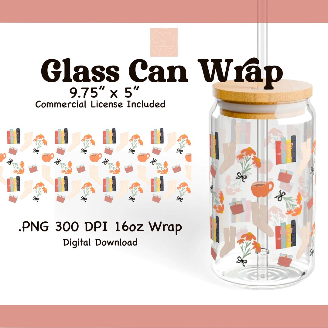 Bookish Fall 16oz Glass Can Wrap / 300 DPI PNG / Digital File / UVDTF ...