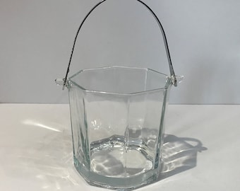 Vintage Clear Glass Octagon Ice Bucket with Chrome Silver Bail Handle