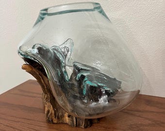 Vintage Handblown Glass Bowl Molded to Driftwood Base