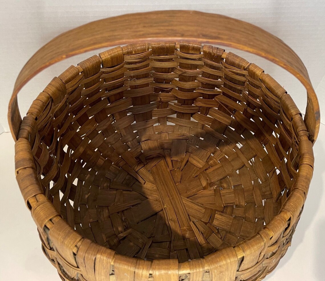 Handmade Vintage Round Wood Slat Splint Farmhouse Basket With Bent Wood ...