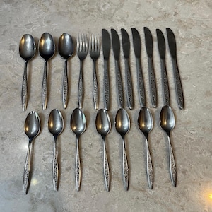 May include: A set of seventeen stainless steel flatware pieces arranged in two rows. The collection includes seven spoons, two forks, and eight knives. Each piece features a slender handle with a detailed, embossed floral pattern along the stem.