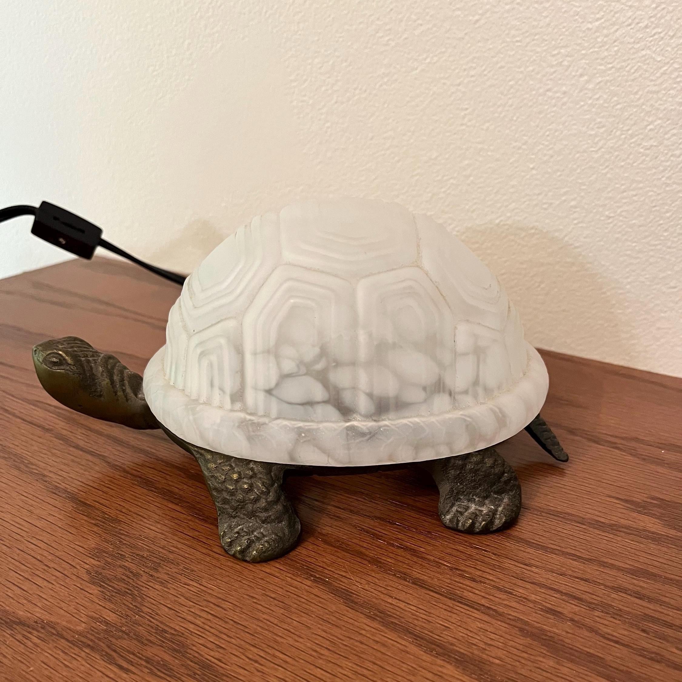 Cast Metal Turtle with Tiffany Style White Glass Shell Night Light