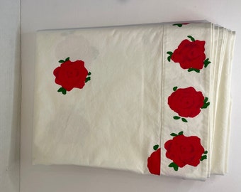 Handmade Vintage Rectangular 88" x 60" White Tablecloth with Red Rose Design