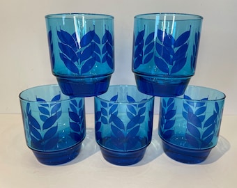 Vintage MCM Bright Blue Drink Glass with Blue Leaf Wheat Pattern