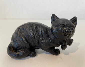 Small Vintage Black Painted Metal Cat with Bow
