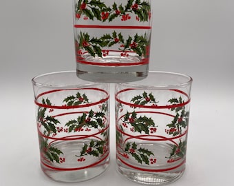 Set of 3 Christmas Holly Highball Drinking Glasses