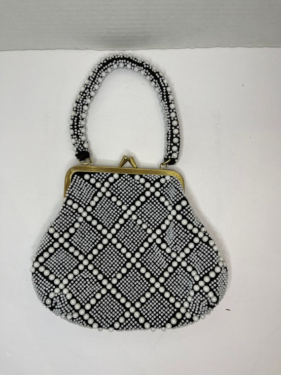 1960s Beaded Black and White Top Handle Handbag Pu