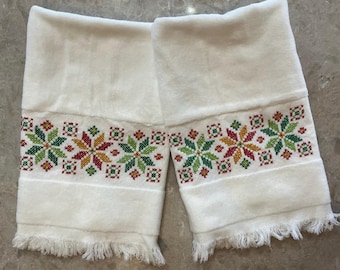 Two NOS White Hand Towels with Cross Stitch Design