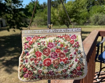 Bolso de mano vintage de los años 50, estilo MoD, bordado a punto de aguja, tapiz floral, bolso de noche victoriano