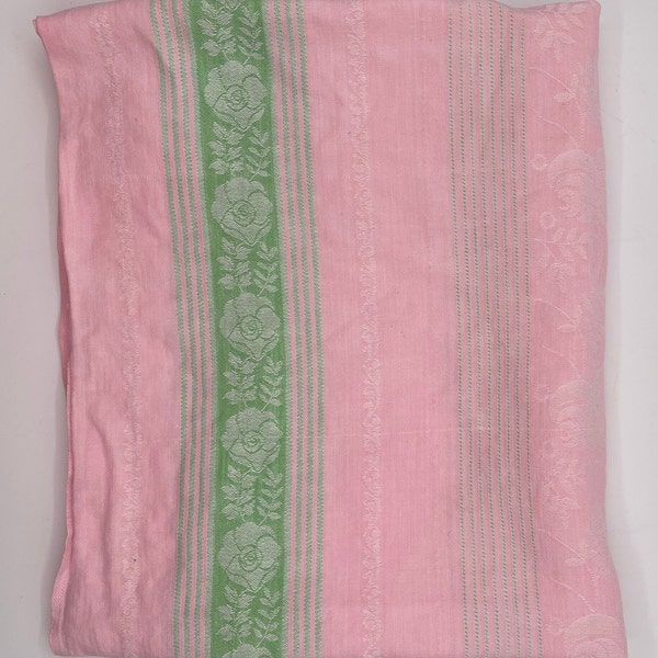 Rectangular Pink Green and White Rose and Stripe Tablecloth