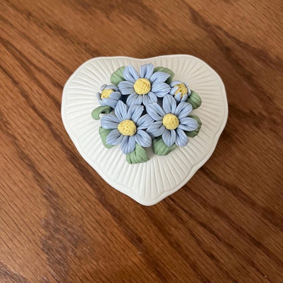 Vintage Hermitage Pottery Heart Shaped Trinket Box with Blue Flowers