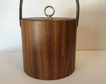 Vintage MCM Woodgrain Vinyl Ice Bucket with Lid