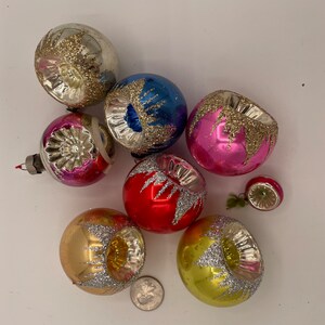 Lot of 7 on Sided Indented Glitter Glass Christmas Ornaments