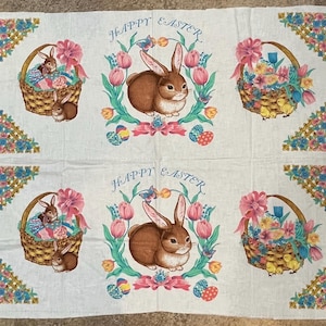 Tissu de Pâques vintage Wansutta / Cartes poinçonnées Lapins, paniers, fleurs printanières et poussins