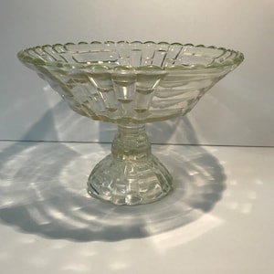May include: A clear glass pedestal bowl with a scalloped edge and a textured design. The bowl is on a white surface.