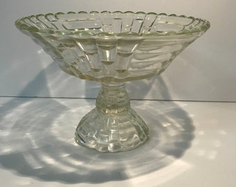 Clear Glass Footed Dish Compote with Floral Design on the Inside and Block Bamboo Pattern on Outside