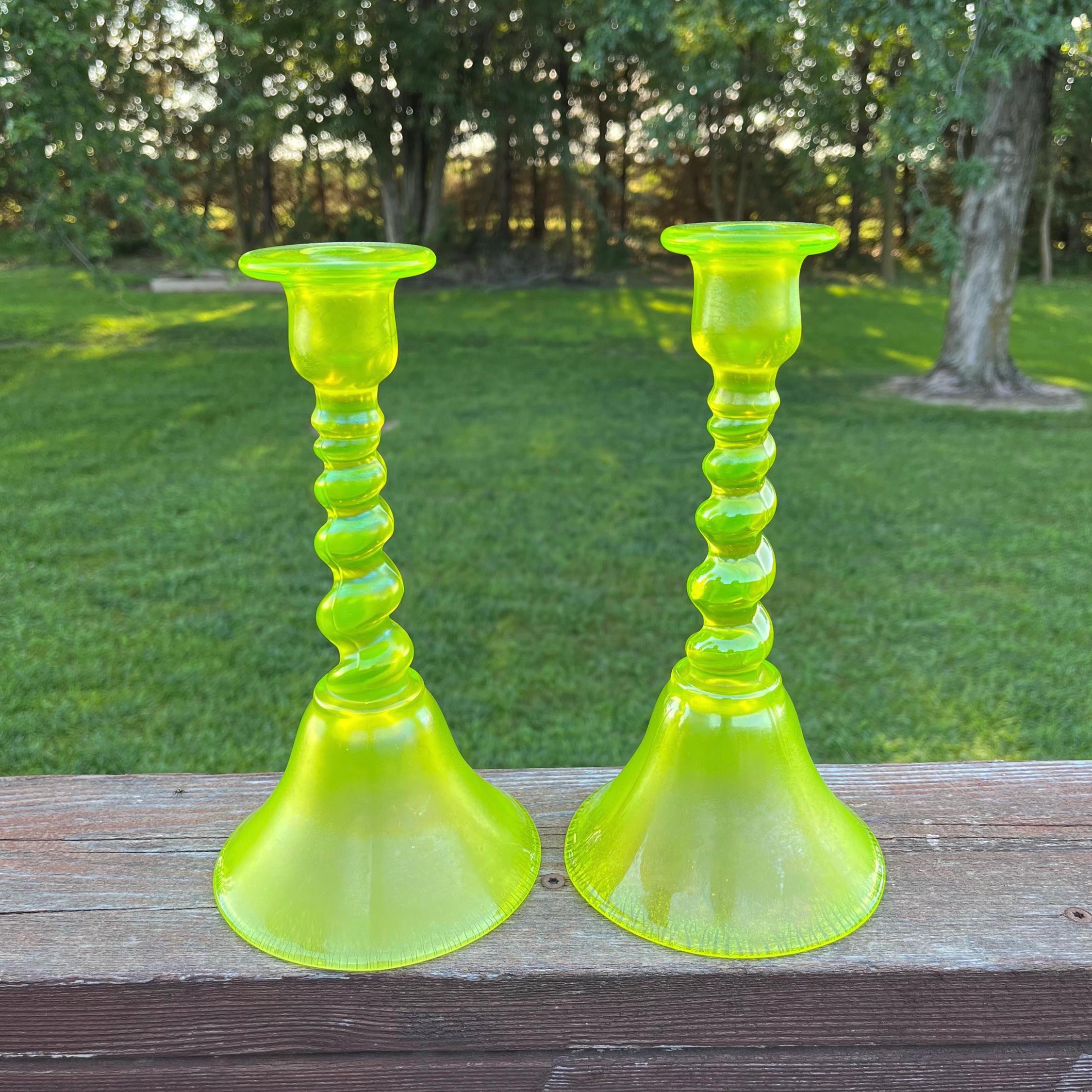 Set of 1920s Tiffin Vaseline Uranium Glass Candlestick Holders