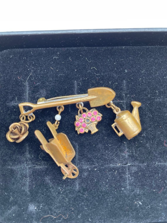 Brass Tone Gardening Pin Shovel Rose Wheelbarrow … - image 1