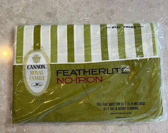 Vintage Cannon Royal Family NOS Featherlite No-Iton Full Flat Sheet, Olive Green and White Stripe