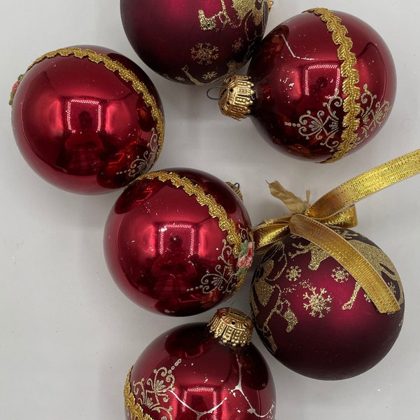 Set of 6 Burgundy Maroon Victorian Style Ball Christmas Ornaments