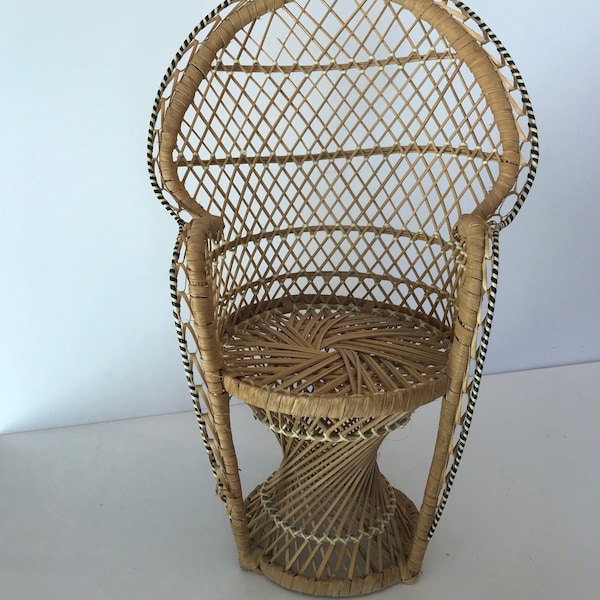 Vintage Mini Wicker Rattan Peacock Chair Plant Stand Doll Chair Boho