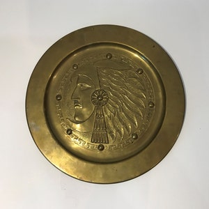 Vintage Brass Wall Hanging Decor Plate of Tribal or Indian Style Man